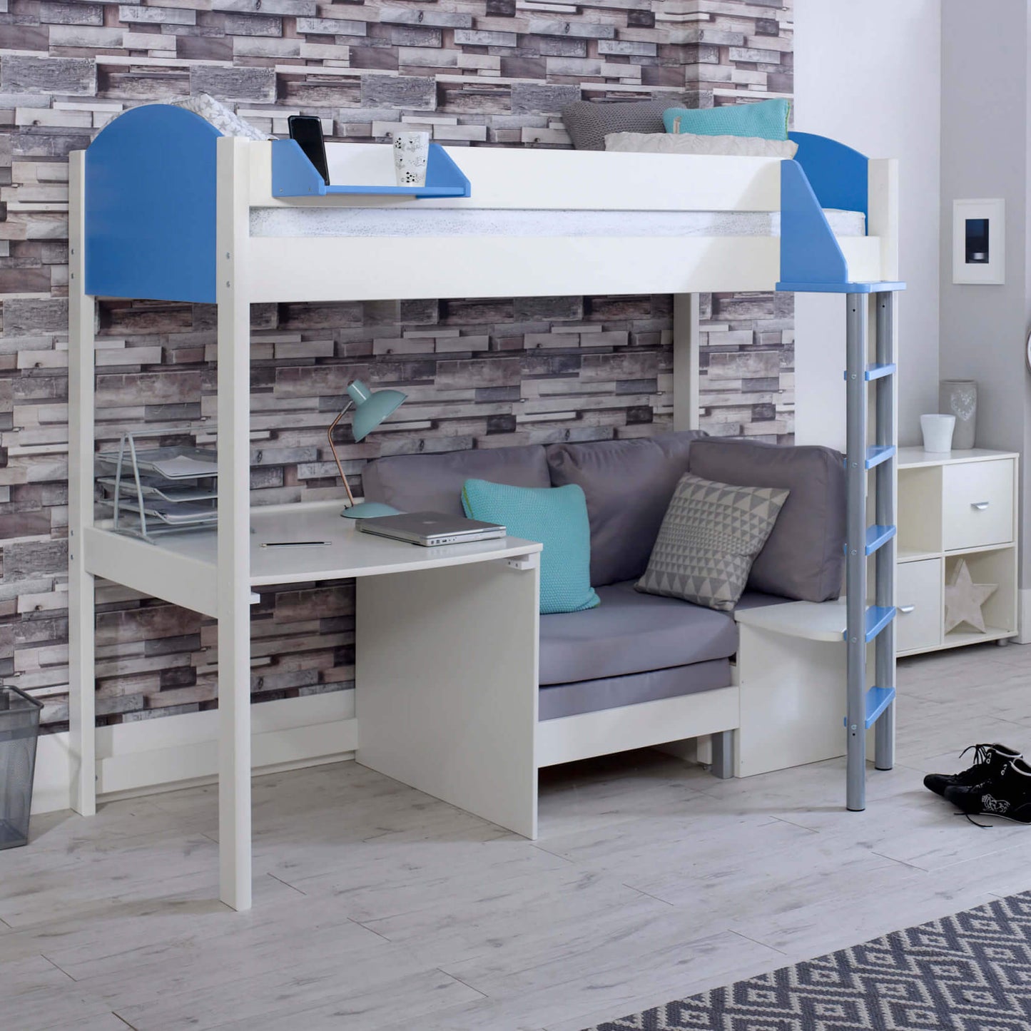 Noah Bluie High Sleeper Bed With Desk & Silver Chair Bed