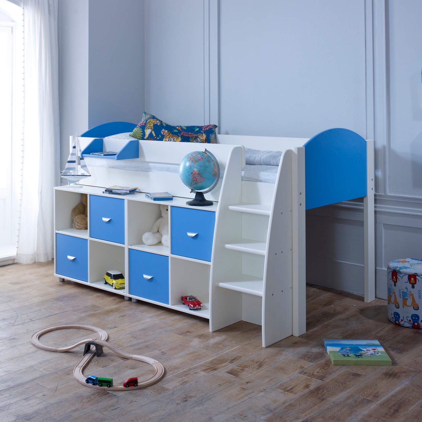 Sophia Mid Sleeper Bed with Double Storage In Blue