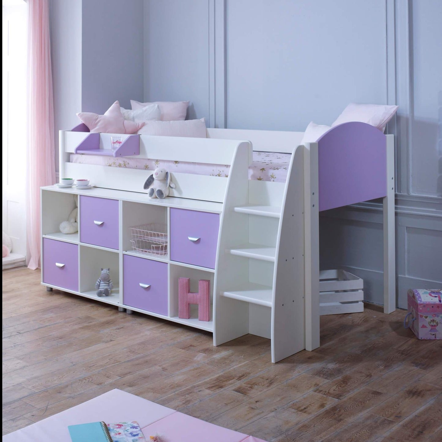 Sophia Mid Sleeper Bed with Double Storage In Lilac