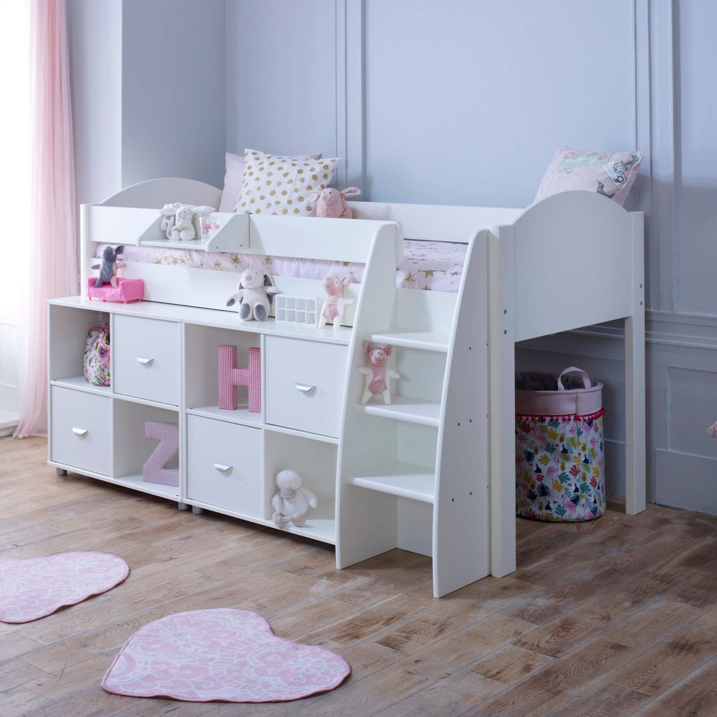 Sophia Mid Sleeper Bed with Double Storage In White