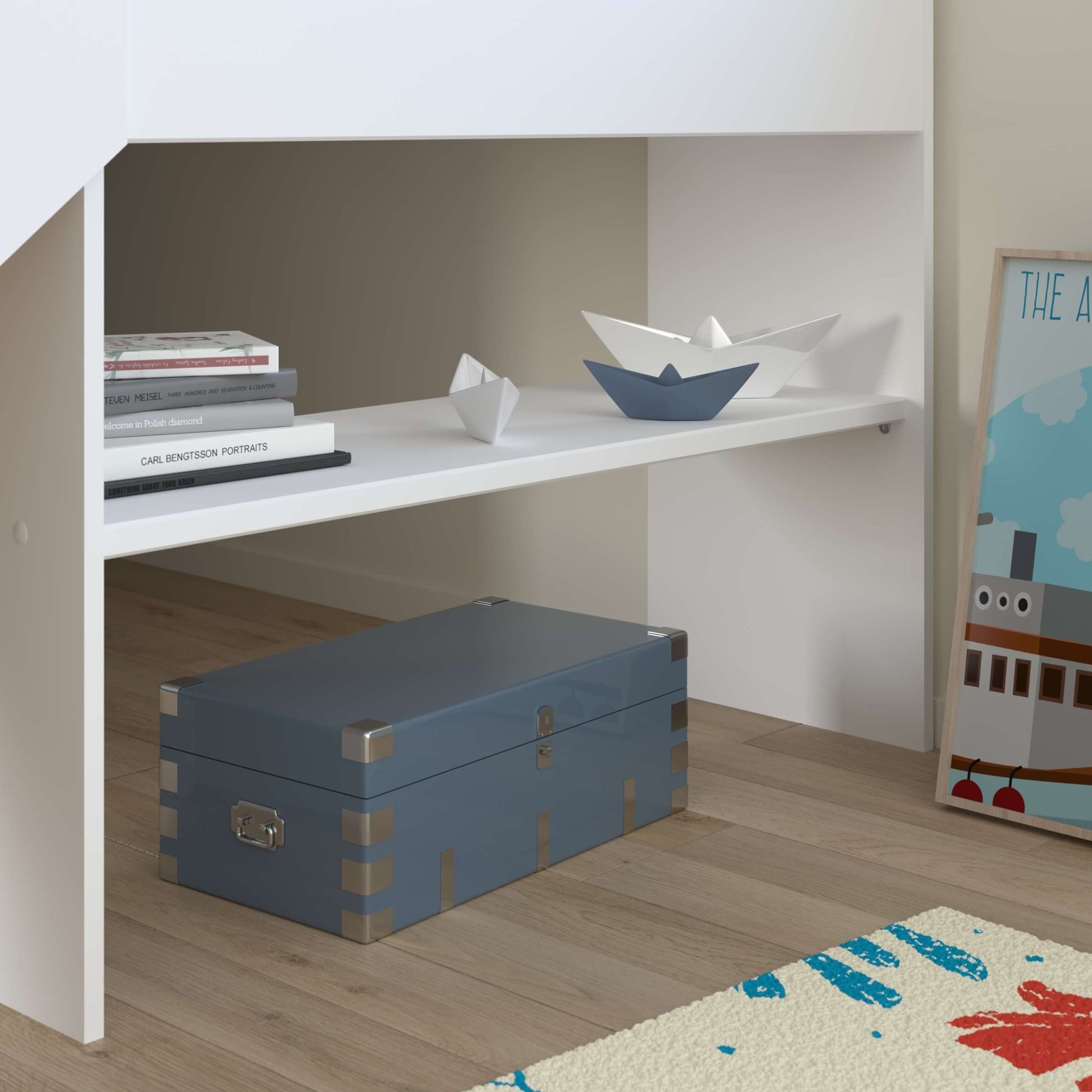 Tobo Mid Sleeper Bed with Slide & Drawers In Boys Room With Shelves