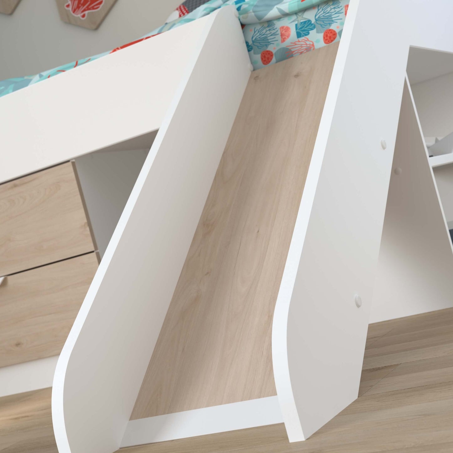 Tobo Mid Sleeper Bed with Slide & Drawers In Boys Room With Slide Closeup