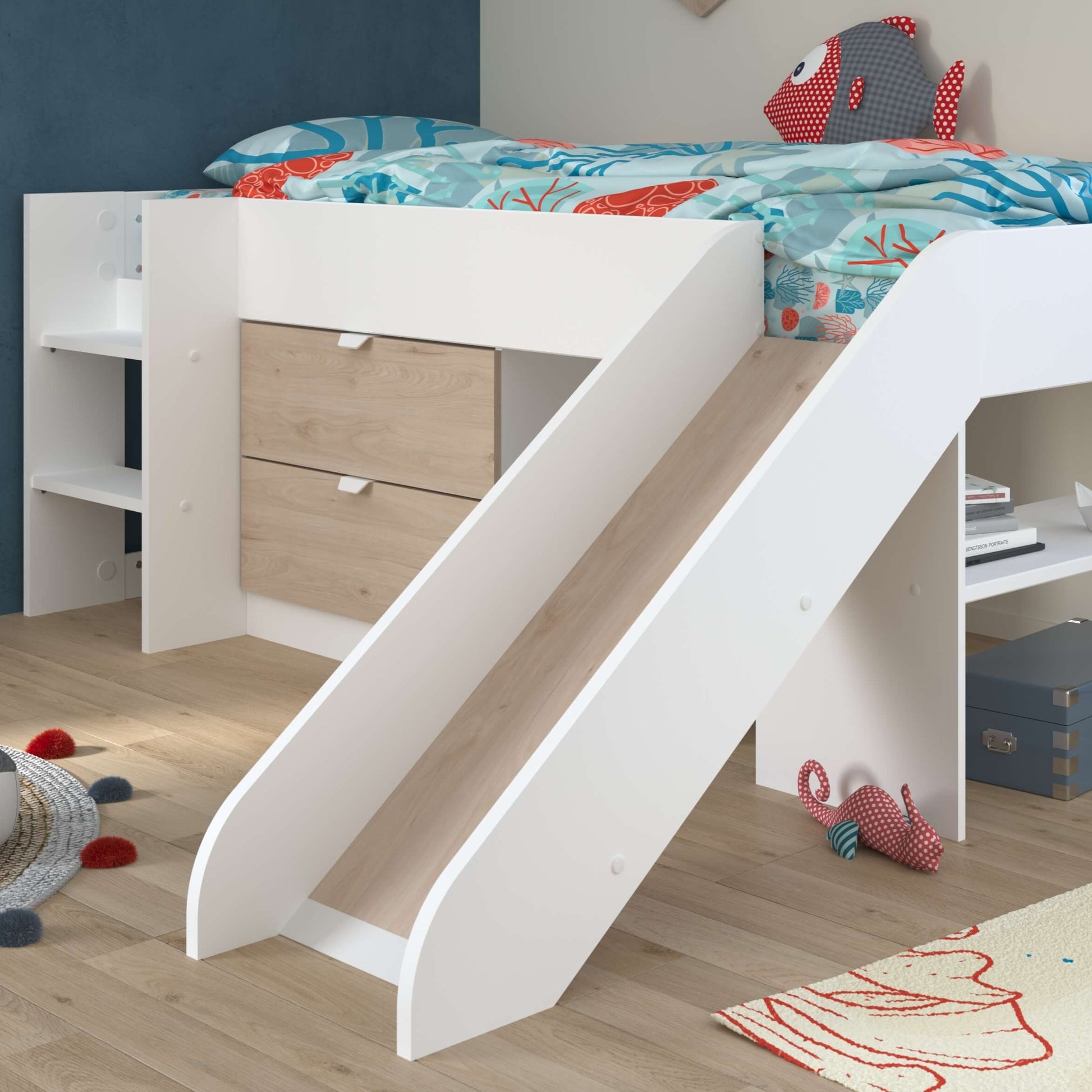 Tobo Mid Sleeper Bed with Slide & Drawers In Boys Room With Slide