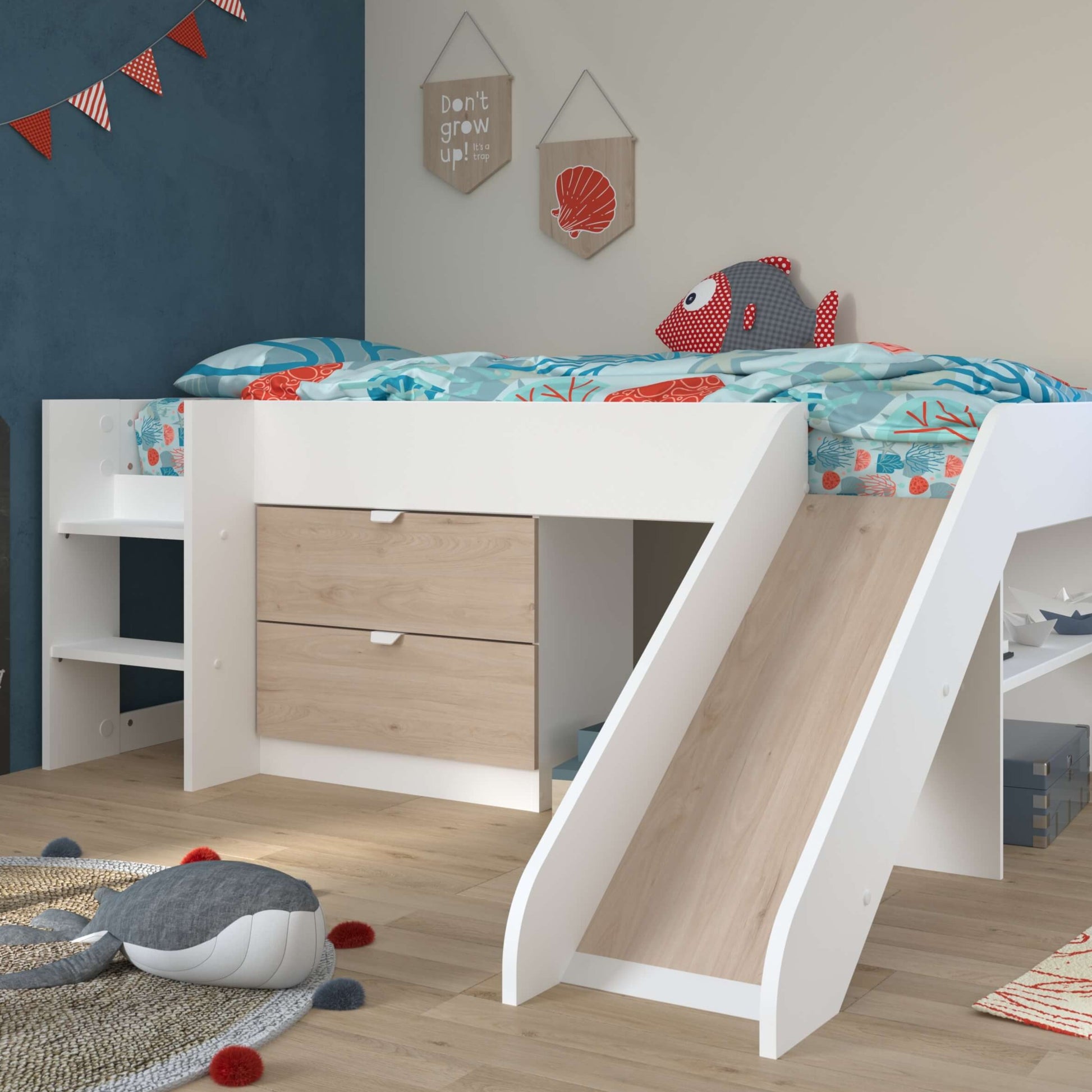 Tobo Mid Sleeper Bed with Slide & Drawers In Boys Room