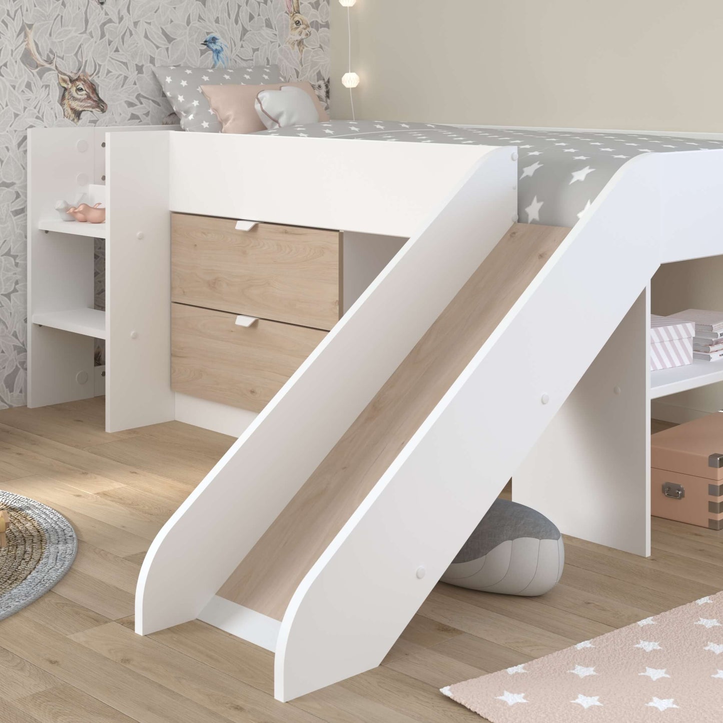 Tobo Mid Sleeper Bed with Slide & Drawers In Girls Room With Slide