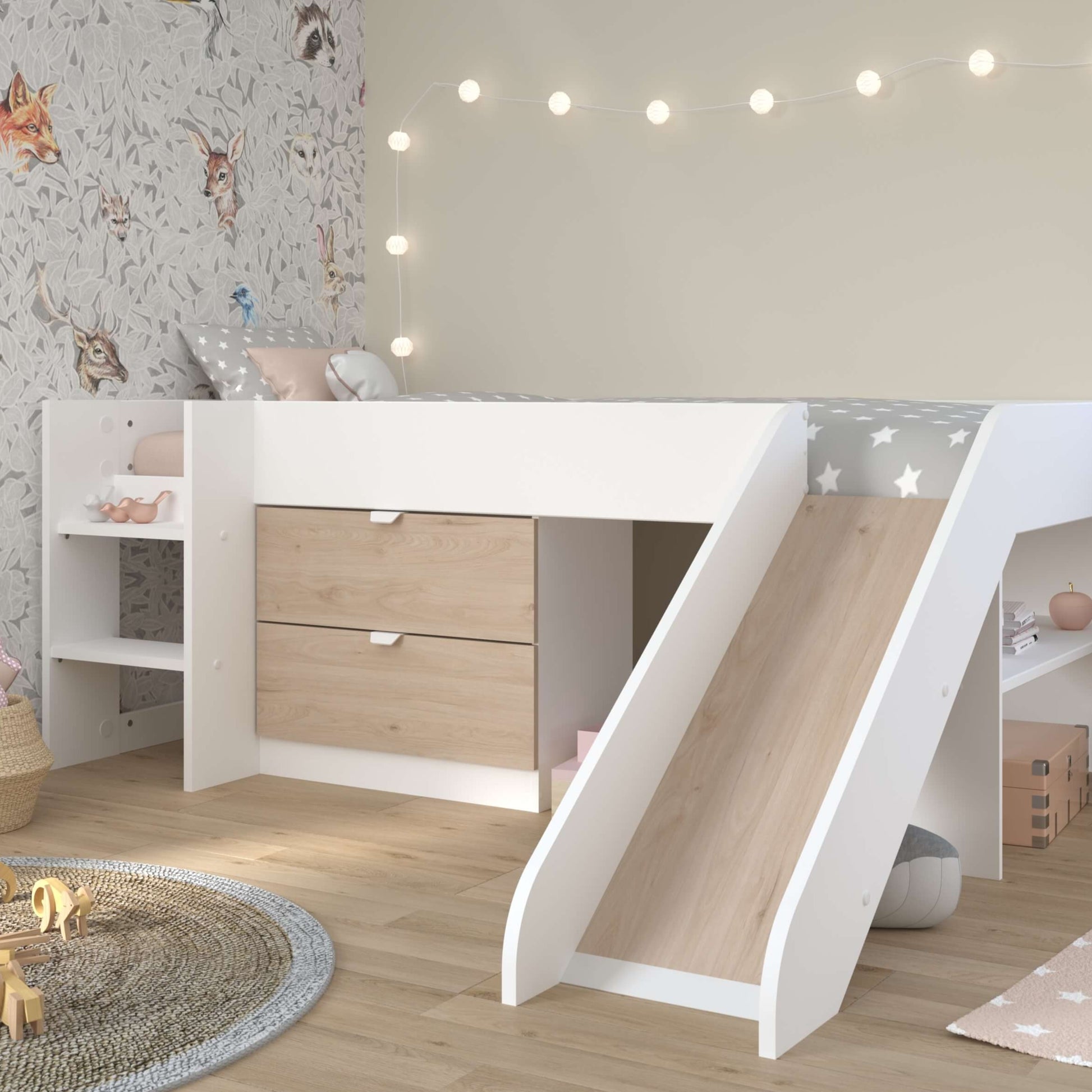 Tobo Mid Sleeper Bed with Slide & Drawers In Girls Room