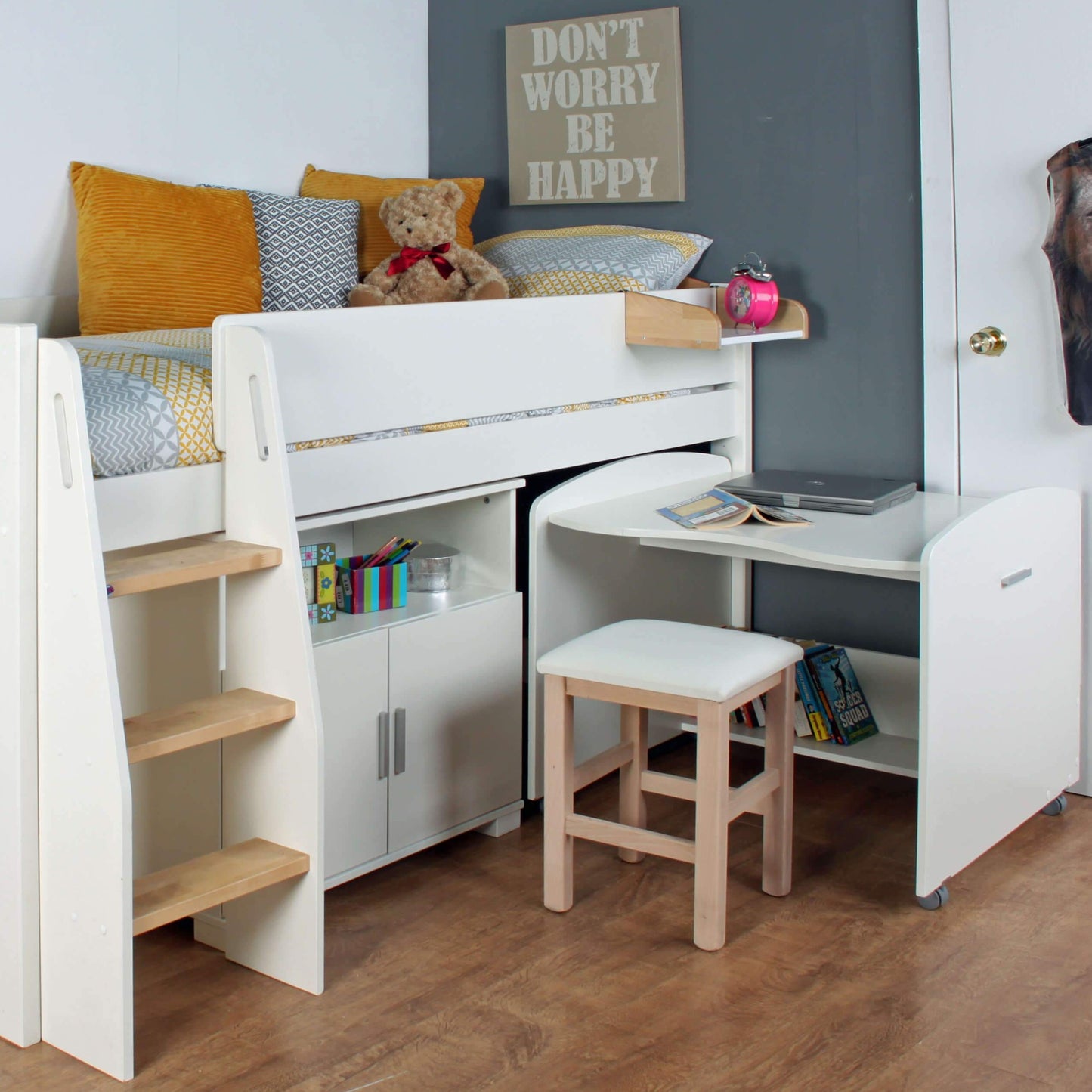 Urban Birch Midsleeper Bed with Pull Out Desk Extended