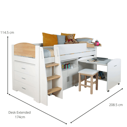 Urban Birch Midsleeper Bed with Pull Out Desk & Storage Dimensions With Desk Extended