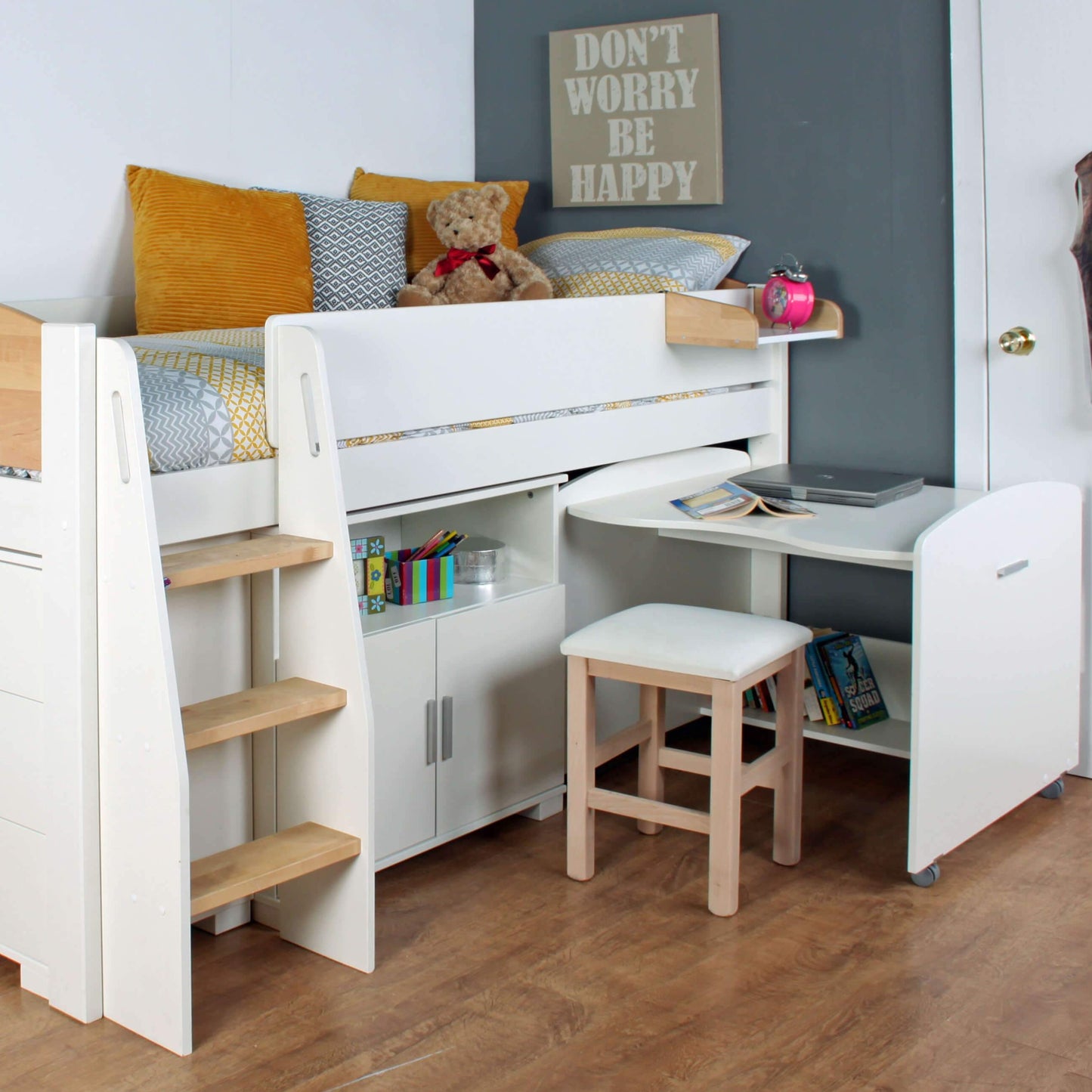 Urban Birch Mid sleeper Bed with Pull Out Desk & Storage Extended
