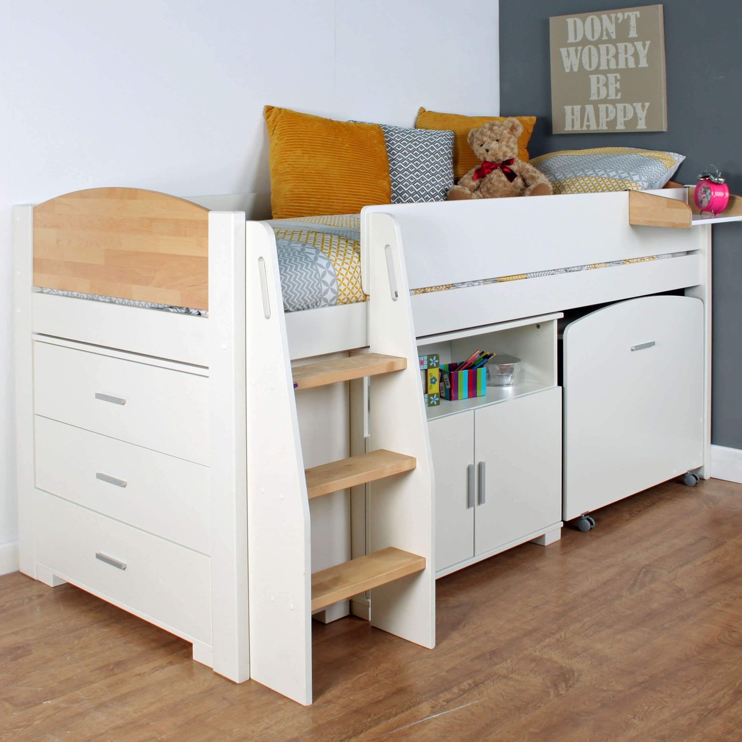 Urban Birch Midsleeper Bed with Pull Out Desk & Storage