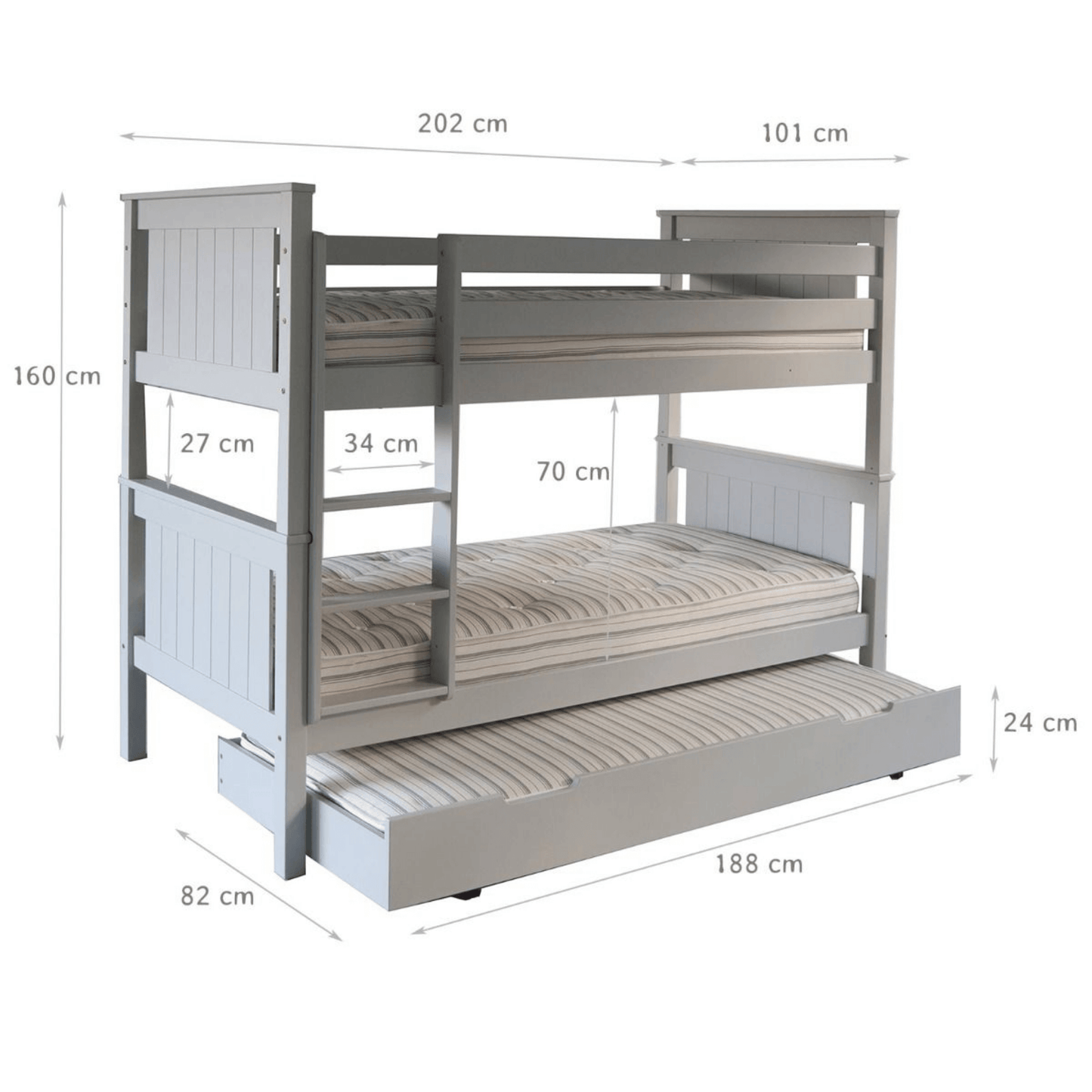 Classic Beech Dove Grey Bunk Bed with Trundle Guest Bed Cut Out DImensions