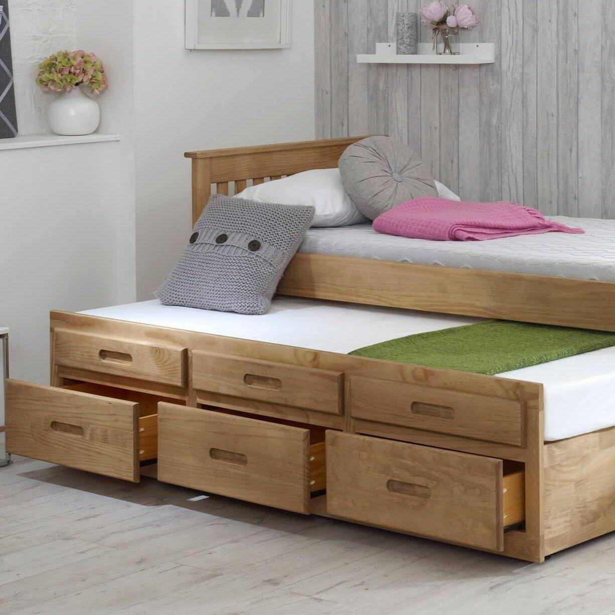 leo single bed with trundle pine drawers open