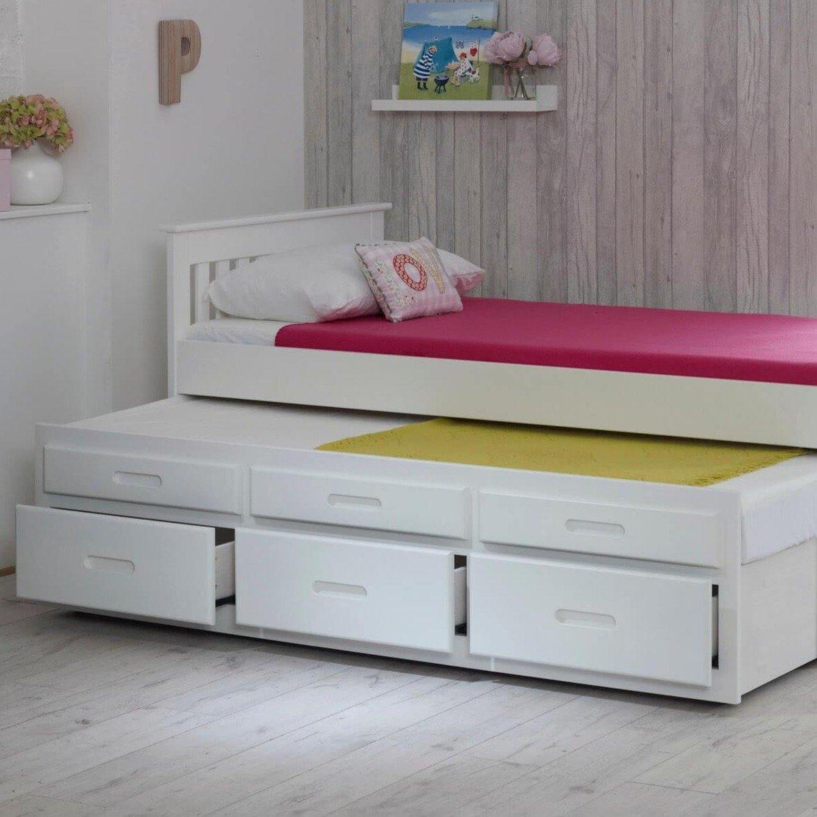 leo single bed with trundle white drawers open